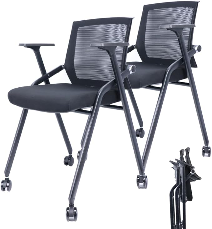 2 Pack Stackable Conference Room Chairs with Paddle Folding Office Foldable Desk Chair Mesh Back and Arms for Conference Meeting Guest Reception Home Office Training Room Chair Black