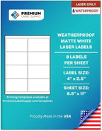 Premium Label Supply Waterproof White Address Sticker Labels – 4" x 2.5" – Laser Printers Only – (8 per Sheet), 10 Sheets - 80 Total Adhesive Labels