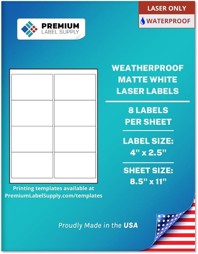 Premium Label Supply Waterproof White Address Sticker Labels – 4" x 2.5" – Laser Printers Only – (8 per Sheet), 1000 Sheets - 8,000 Total Adhesive Labels
