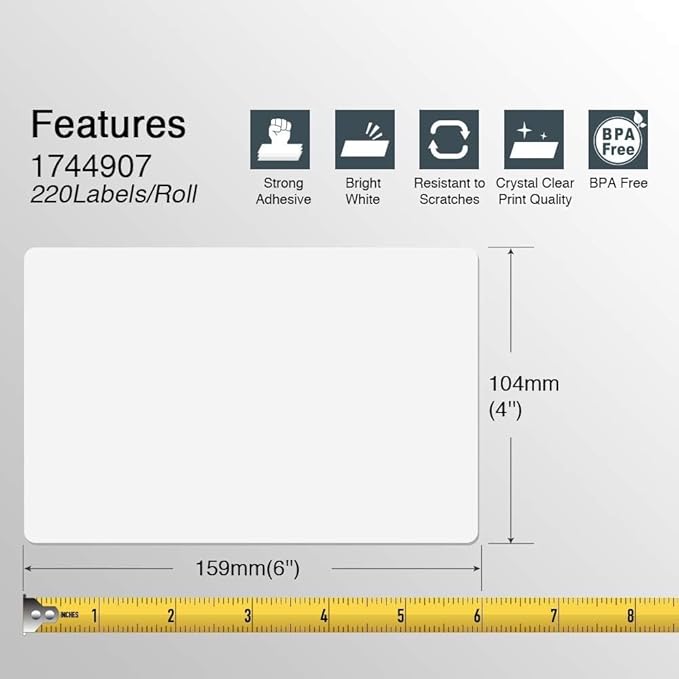 BETCKEY - Compatible DYMO 1744907 4x6 Shipping Labels, Perforated, Compatible with DYMO Labelwriter 4XL Rollo & Zebra, NOT Fit 5XL [12 Rolls/2640 Labels]