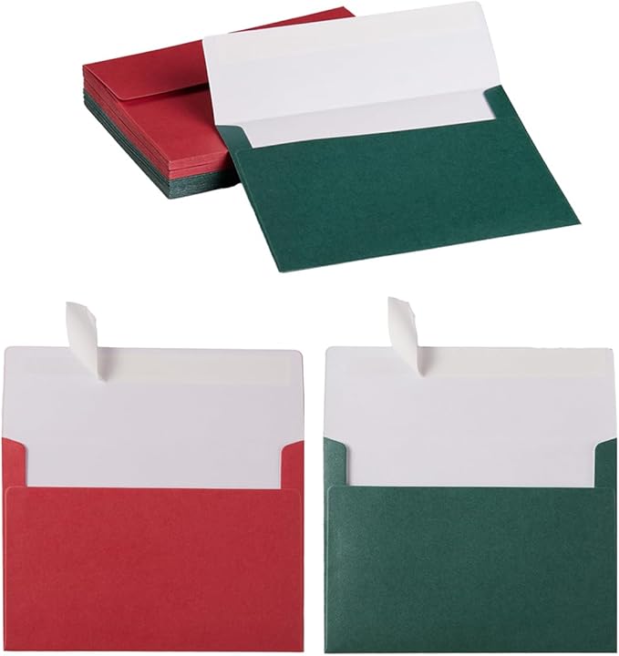 50 Pieces Christmas Metallic Color Self Seal Envelopes for Greeting Cards, Invitations, Postcards (Christmas Green/Red, 4x6)