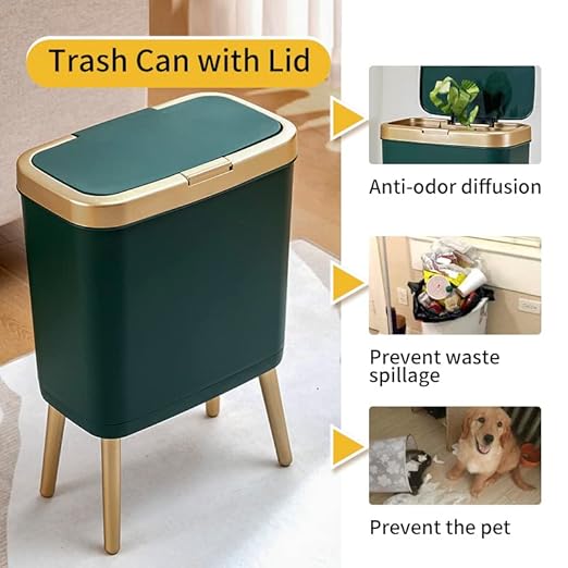 Procade 2Pack BathroomTrash Can with Lid, Modern Garbage Bin for Kitchen, 4 Gallon Garbage Can with Gold Edge, Plastic Trash Bin Waste Basket for Bedroom, Living Room,Office(Black+Green)