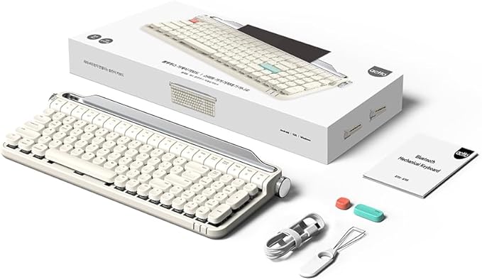 ACTTO B705 Retro Typewriter Keyboard Bluetooth,Vintage Mechanical Keyboard with Tablet Stand,LED Backlight 100 Keys Gaming Keyboard for Windows/macos/iOS/Android,Blue Switch (Ivory Butter)