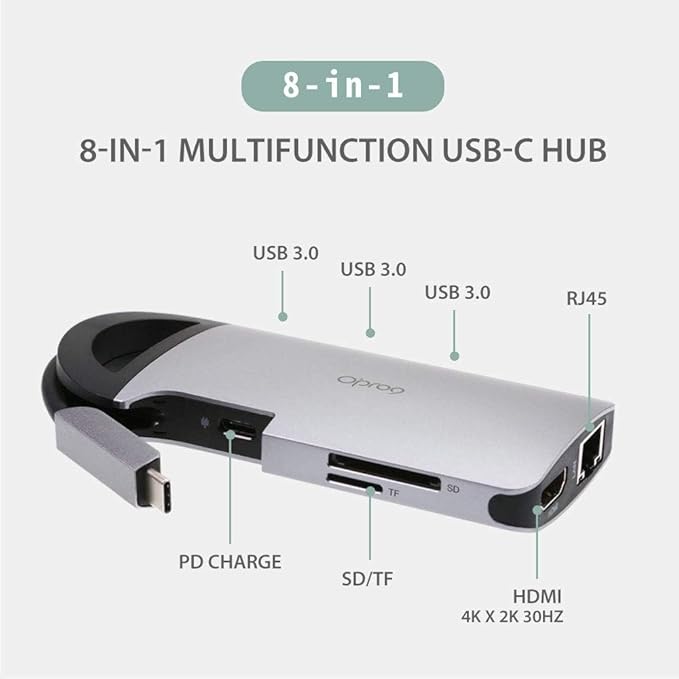 Opro9 8-in-1 USB-C Hub with 3 USB 3.0 Ports, Dual Monitor Laptop Docking Station, 4K HDMI, USB-C Power Delivery, SD/TF Card Reader & Ethernet, Portable for MacBook Pro and Other Type-C Laptops (Gray)