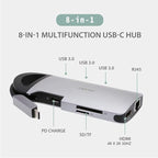 Opro9 8-in-1 USB-C Hub with 3 USB 3.0 Ports, Dual Monitor Laptop Docking Station, 4K HDMI, USB-C Power Delivery, SD/TF Card Reader & Ethernet, Portable for MacBook Pro and Other Type-C Laptops (Gray)