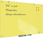 TSJ OFFICE Glass Dry-Erase Board - 36 x 24 Inches Wall Mounted Magnetic Whiteboard, Large Frameless Glass White Board for Office, Home & School, Yellow
