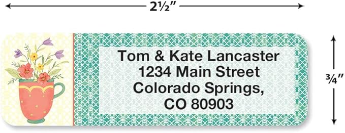 Teacups Rolled Personalized Return Address Mailing Labels with Dispenser, Set of 250, 5 Designs, Small ¾ x 2½ Inch Size, Custom Self-Adhesive Sticker Roll, by Colorful Images