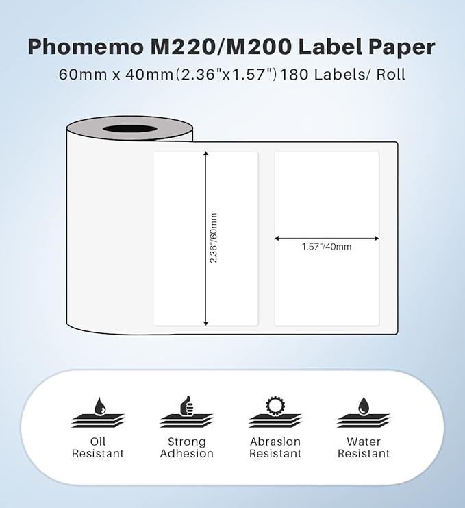 Phomemo Labels, 2.36'' x 1.57'' Self-Adhesive Sticker, Multipurpose Thermal Label for M220 M250 M260 M221 M200 Printer,for Barcode, Name, Jar, Tag, Address, Gift, Box and More Labeling,180 Pcs