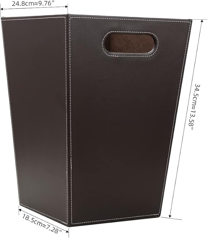 KINGFOM Classic Pu Leather Trash Can Wastebasket, Garbage Container Bin with Handles for Bathrooms, Powder Rooms, Kitchens, Home, Office and and High Class Hotel Square Brown