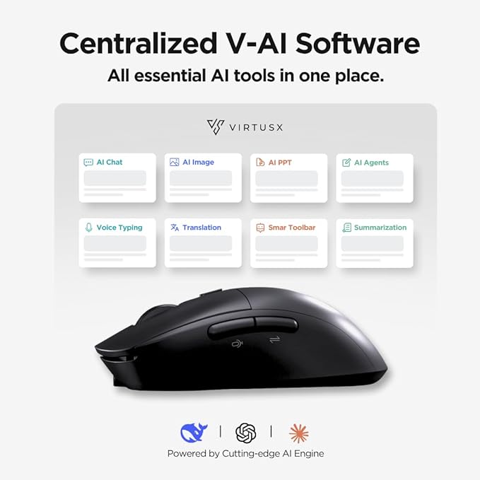 Virtusx AI Mouse, Jethro V1 – AI Voice & Audio Recorder, Note Taking Mouse for Computer & Laptop with Centralized AI Software, AI Writing Tools, Voice Typing, Transcribe, Translate & Summarize