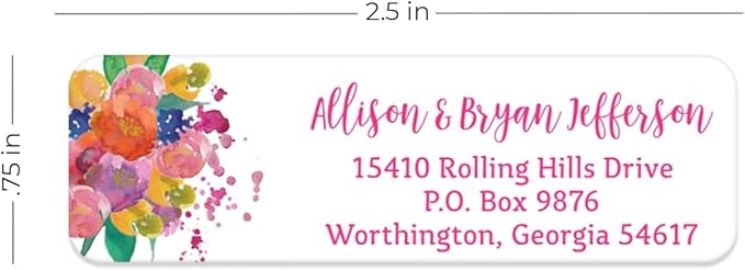 Bright Watercolor Floral Rolled Address Labels / 5 Vibrant Flower Bouquet Designs/Roll of 500 Personalized Address Labels/Designer Return Address Stickers in Elegant Plastic Dispenser