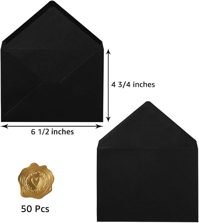 50 Pack A6 Envelopes for 4 x 6 Greeting Cards, Birthday Party, Photos, Baby Shower and Wedding Invitation Cards, 6 1/2 x 4 3/4 Inches (Black)