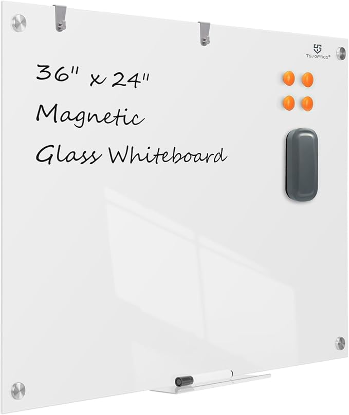 TSJ OFFICE Glass Dry-Erase Board - 36 x 24 Inches Brilliance White Magnetic Glass Whiteboard, Wall Mounted Large Frameless White Board for School, Home & Office
