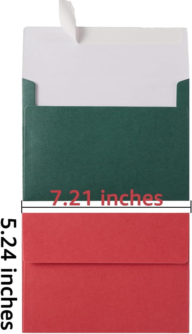 50 Pieces Christmas Envelopes Metallic Color Self Seal Envelopes for Greeting Cards, Invitations, Postcards (Christmas Green/Red, 5x7)