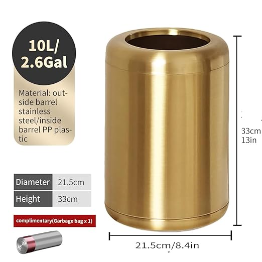 10 L/2.6 Gallon Brass Trash Can, Small Gold Can for Bathroom, Kitchen, Office, Bedroom, Hotel