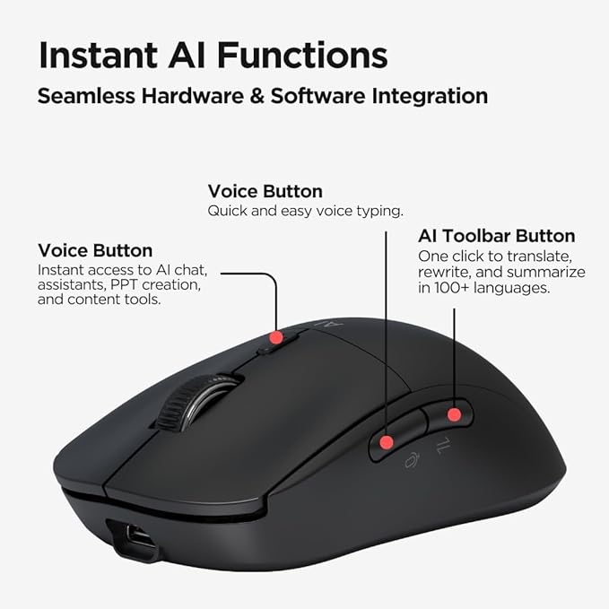 Virtusx AI Mouse, Jethro V1 – AI Voice & Audio Recorder, Note Taking Mouse for Computer & Laptop with Centralized AI Software, AI Writing Tools, Voice Typing, Transcribe, Translate & Summarize