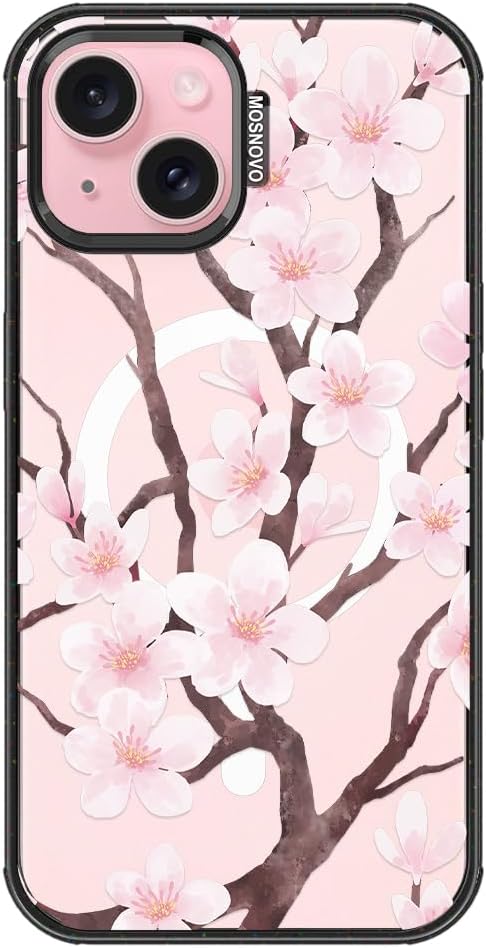 MOSNOVO Magnetic Case for iPhone 15, 10ft Military-Grade Protection, Compatible with Magsafe, Shockproof Phone Case for iPhone 15 - Cherry Blossom - Clear Black
