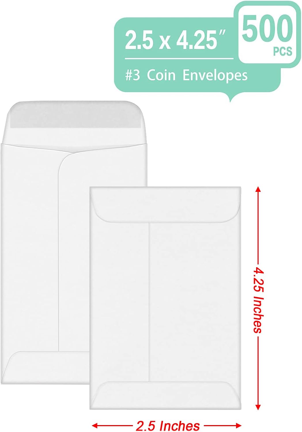 500 PCS #3 Coin Envelopes, 2-1/2'' x 4-1/4'' inches White Kraft Envelopes Classic Small Parts Envelopes with Self Adhesive Gummed Flap for Coins, Cash, Credit Cards, Seeds