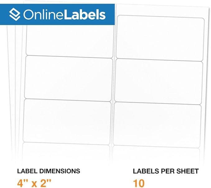 4 x 2 Rectangle Mailing Labels - Permanent, White Matte - Address, Shipping, Gift - Pack of 1,000-100 Sheets - Inkjet/Laser Printers - Online Labels