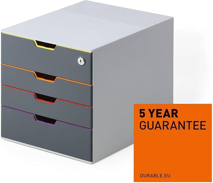 Durable VARICOLOR 4 Lockable Drawer Unit - Gray Desktop Filing Drawer Set with 4 Color Coded Draws - Letter Size Files - Top Draw is Lockable - Perfect for Storing Documents and Paper Work