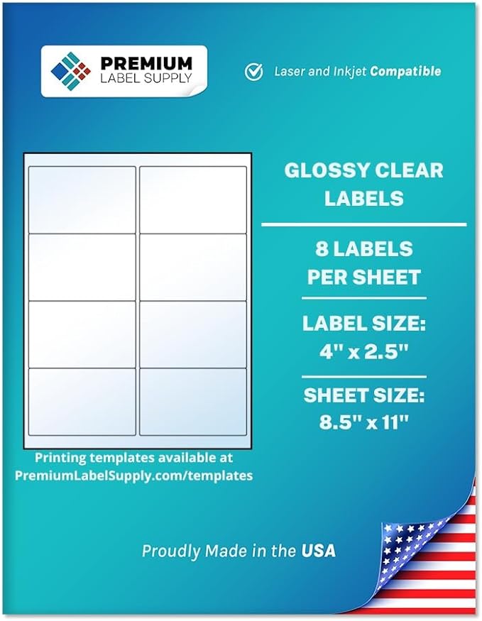 Premium Label Supply Glossy Clear Address Labels – 4" x 2.5" – Laser/Inkjet Compatible – (8 per Sheet), 1000 Sheets – 8,000 Total Adhesive Labels