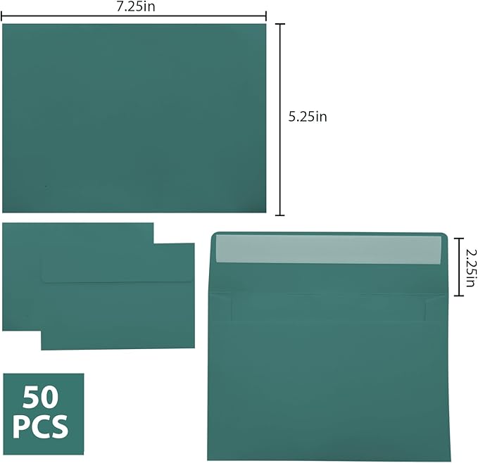 50 Packs Dark Green A7 Envelopes,5x7 Envelopes,5x7 Envelopes for Invitations,Printable invitation envelope,Photos, postcards, greeting cards, mailings, Wedding Self-sealing Envelopes (Dark Green)