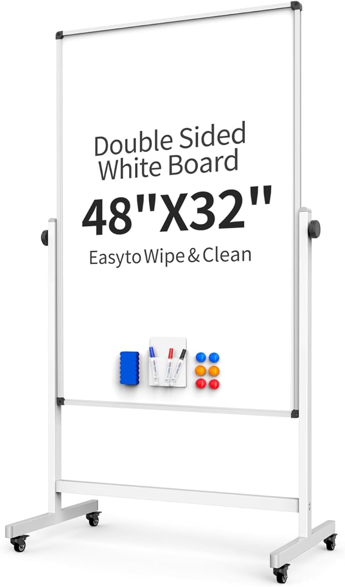 Rolling Whiteboard, Double Sided Magnetic Dry Erase Board Height Adjustable Whiteboard with Stand for Home Office Classroom (48" x 32")
