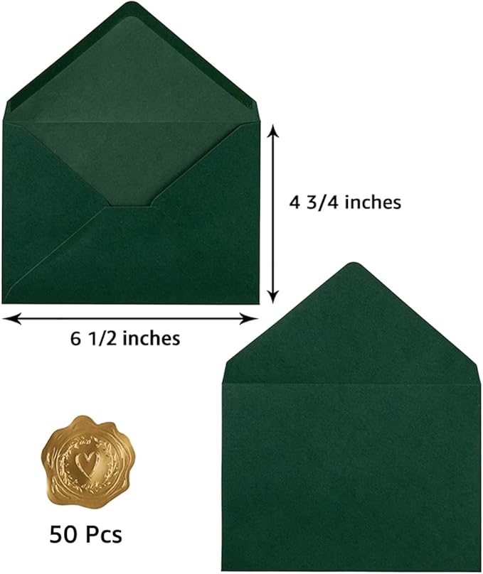 50 Pack A6 Envelopes for 4 x 6 Greeting Cards, Birthday Party, Photos, Baby Shower and Wedding Invitation Cards, 6 1/2 x 4 3/4 Inches (Dark Green)