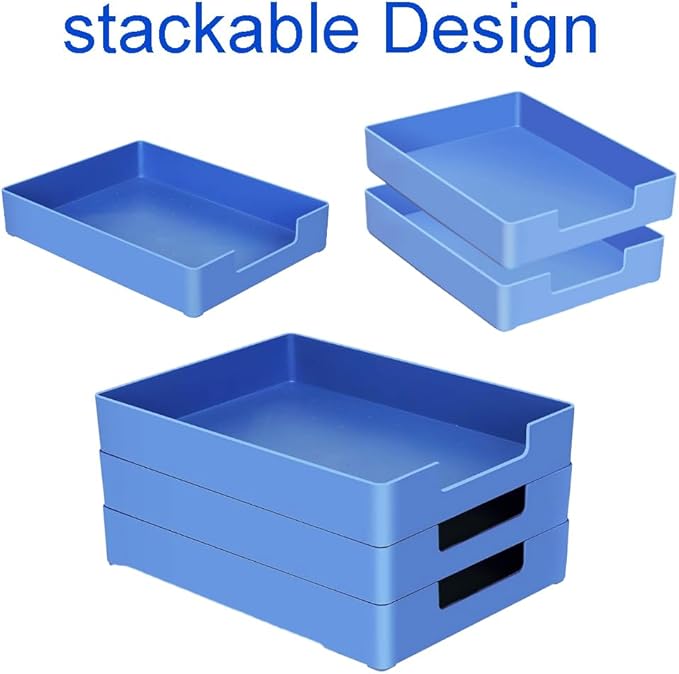 Letter-Size Tray, Desk Drawer Organizer, A4 Plastic Paper Tray, Stackable Plastic Paper Holder File Organizer for Office, School, Home Storage (Blue)