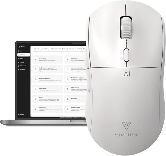 Virtusx AI Mouse, Jethro V1 – AI Voice & Audio Recorder, Note Taking Mouse for Computer & Laptop with Centralized AI Software, AI Writing Tools, Voice Typing, Transcribe, Translate & Summarize