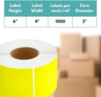 PSBM Thermal Transfer Labels, Yellow, 4x6 Inch, 4 Rolls, 1000 Labels/Roll, 3 Inch Core, Perforated, Must Have Thermal Ribbon (Not Included)