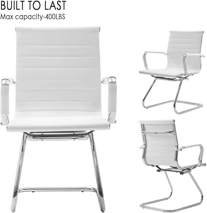 White Office Desk Chair No Wheels Set of 6 PU Leather Computer Chairs Mid Back Guest Chairs for School Reception Conference Waiting Room, White