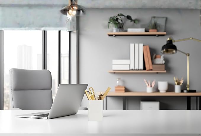 Square Ceramics Desk Pencil Holder With Metal Frame, Suitable for Offices and Homes(Off White)