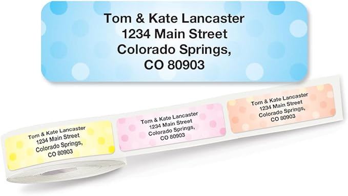 Pastel Dots Rolled Personalized Return Address Mailing Labels with Dispenser, Set of 250, 5 Designs, Small ¾ x 2½ Inch Size, Custom Self-Adhesive Sticker Roll, by Colorful Images