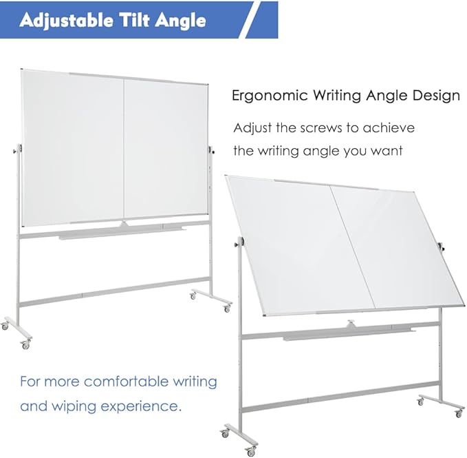 FORTUNO Large Magnetic Mobile Whiteboard 60"x48", Rolling Double Sided Stand Whiteboard on Wheels, Reversible Adjustable Height/Angle Dry Erase Board 5' x 4' Easel White Board for Office Classroom