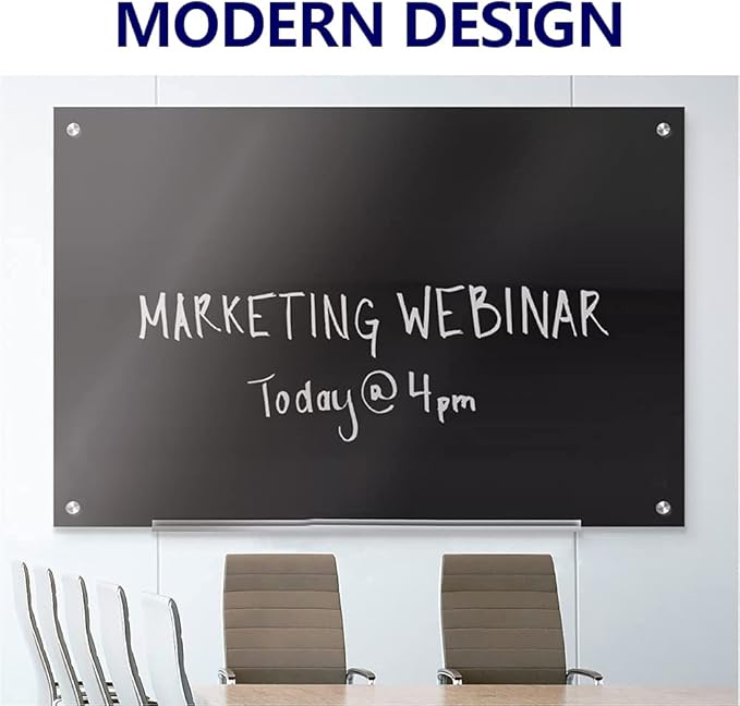 Black Glass Board Frameless Tempered Glass Dry Erase Board with Marker Tray for Interactive Office, Wall Mounted Frosted Glass Board, 60" x 40", Black