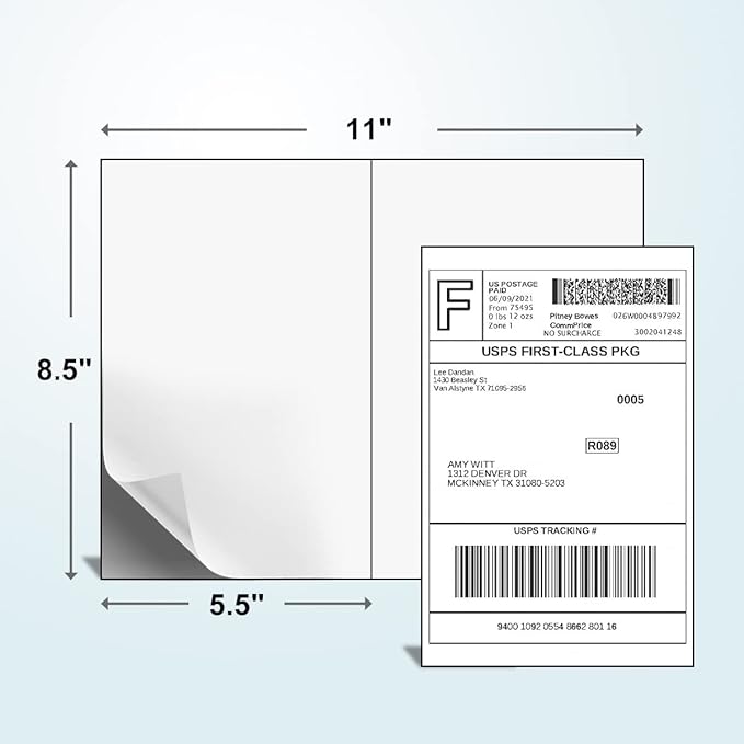 Half Sheet Laser/Ink Jet Shipping Labels UPS FedEx Address Labels (2000 Sheets, 4000 Labels)