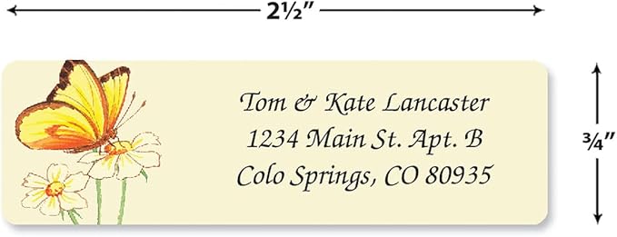 Butterflies Rolled Personalized Return Address Mailing Labels with Dispenser, Set of 250, 5 Designs, Small ¾ x 2½ Inch Size, Custom Self-Adhesive Sticker Roll, by Colorful Images