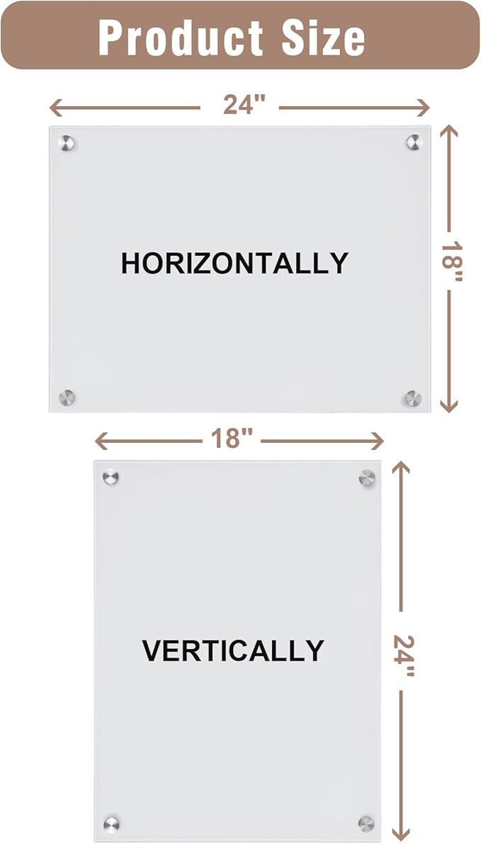 Magnetic Glass Whiteboard，24"x18" Wall Mounted Frameless Dry Erase Board for Office, Home & School Ultra White