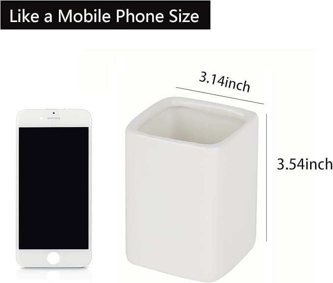 Square Ceramics Desk Pencil Holder With Metal Frame, Suitable for Offices and Homes(Off White)