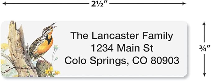 Meadow Birds Rolled Personalized Return Address Mailing Labels with Dispenser, Set of 250, 5 Designs, Small ¾ x 2½ Inch Size, Custom Self-Adhesive Sticker Roll, by Colorful Images