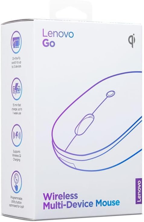 Lenovo Go Multi-Device Wireless Mouse, 2.4GHz Nano USB-C Receiver, Bluetooth, Adjustable DPI, USB-C Rechargeable Battery, Qi Wireless Charging, Ambidextrous, GY51C21211, Grey