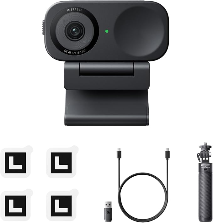 Insta360 Link 2C Tripod Bundle - 4K Webcam for PC/Mac, 1/2" Sensor, Auto Framing, HDR, AI Noise-Canceling Mic, Gesture Control for Streaming, Video Calls, Gaming, Works with Zoom, Teams, Twitch & More