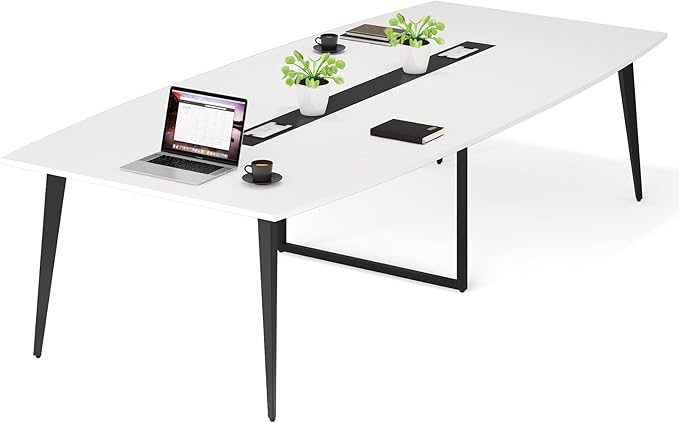 Tribesigns 8FT Conference Table, 94.48L x 47.21W x 29.52H Inches Boat Shaped Meeting Table with Rectangle Grommet, Modern Seminar Table for Office Meeting Conference Room (White & Black, 8ft)