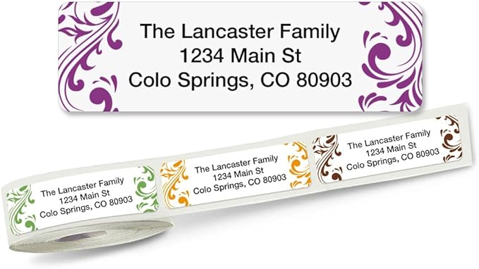Colorful Images Elegant Swirl Rolled Personalized Return Address Mailing Labels with Dispenser, Customize with Name & Shipping Address, 250 ¾” x 2½” Self Adhesive, Easy Peel Label Roll