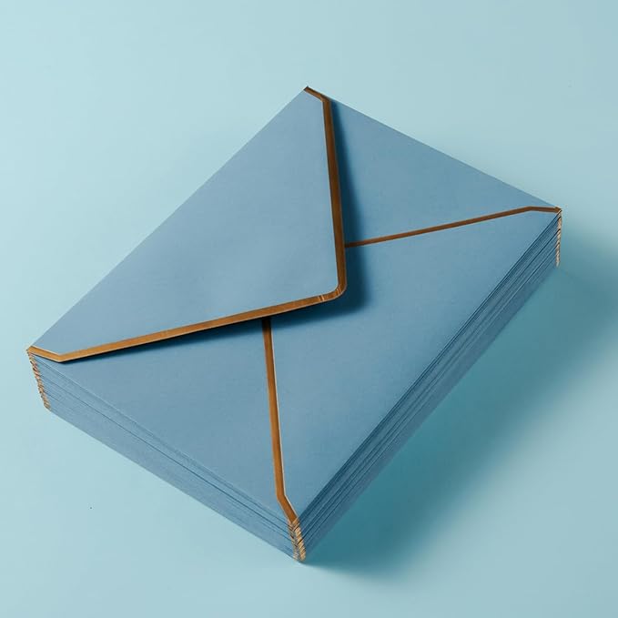 50 Pack A4 Envelopes Dusty-Blue 4x6 Envelopes Self-Adhesive V Flap Envelopes with Gold Border for Office, Wedding Gift Cards, Invitations, Graduation, Baby Shower, Parties (4.25x6.25 inches)