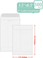 500 PCS #7 Coin Envelopes, 3.5 x 6.5 inches White Kraft Envelopes Classic Small Parts Envelopes with Self Adhesive Gummed Flap for Coins, Cash, Credit Cards, Seeds