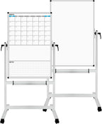 XBoard Rolling Moblie Whiteboard, 44x30 inches Double Sided Magnetic Dry Erase Board with Stand for Homeschool, Live Stream, Office, School (Calendar 44x30-Inch)
