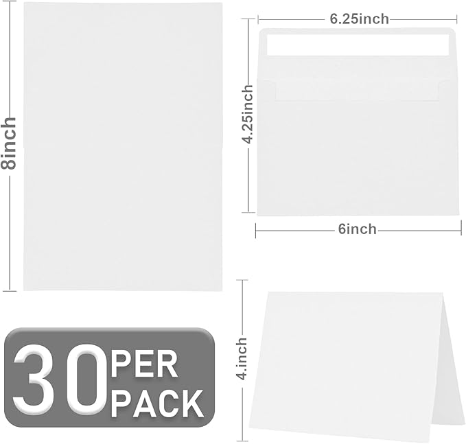 Xinilove 30 Pack White Invitation Cardstock with 30 Pack Envelopes,Blank Cards and Envelopes 4x6,Self-Seal Thank you Blank Greeting Cards and Envelopes, for All Occasions DIY, Print custom