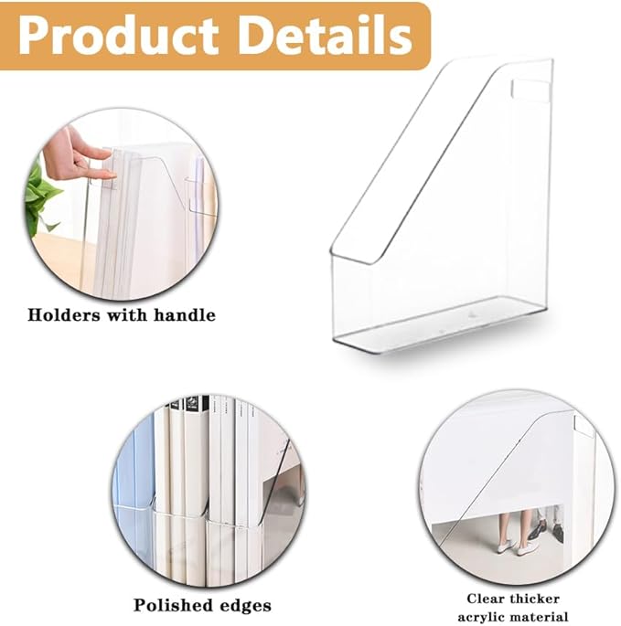 2 Pack Clear Acrylic Magazine File Holder Plastic Desk Organizer with Handle, Acrylic Vertical File Folder Bin Storage File Folders Magazine Rack Document Storage Organizer for Home Office